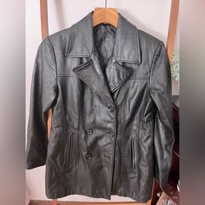 Women's Black Double-Breasted Leather Coat